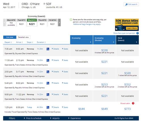 圖說(shuō):記者在美聯(lián)航官網(wǎng)搜索奧黑爾國(guó)際機(jī)場(chǎng)飛往肯塔基州路易斯維爾的航班。